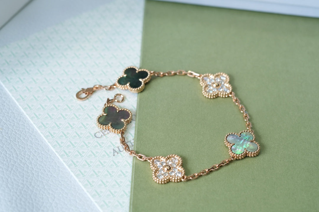 [Clover Jewelry]CLOVER 5 MOTIFS DARK MOP AND DIAMONDS PINK GOLD BRACELET